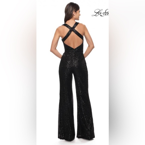 LaFemme Black Sequin Flare Pant Jumpsuit Womens Size 2 Pageant Appearance Talent - Picture 2 of 8
